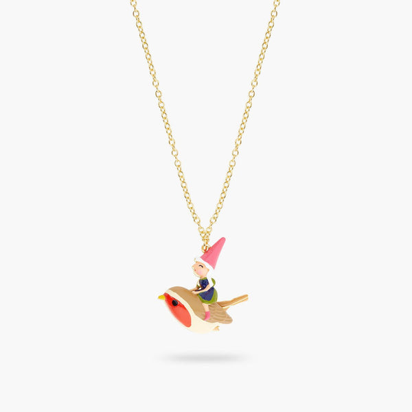 Garden Gnome Lady And Bird Riding Pendant Necklace | ARCP3041 - Les Nereides