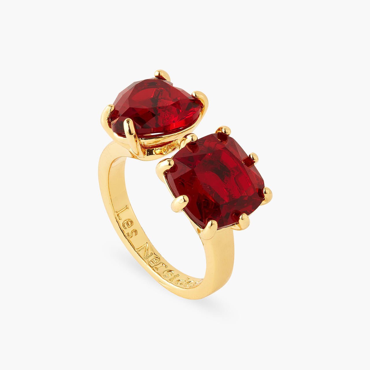 Garnet Red Diamantine Heart And Square Stone You And Me Adjustable Ring | AQLD6181 - Les Nereides