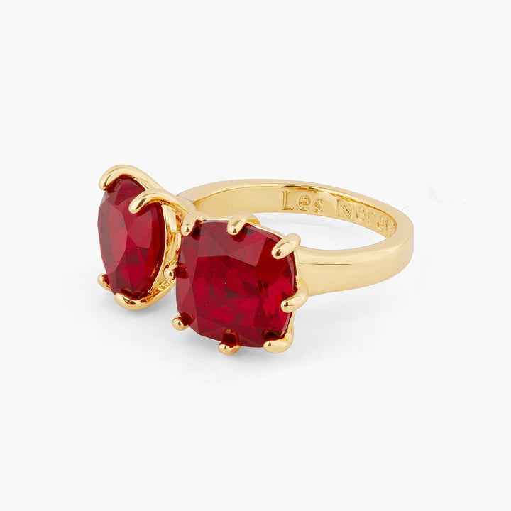 Garnet Red Diamantine Heart And Square Stone You And Me Adjustable Ring | AQLD6181 - Les Nereides