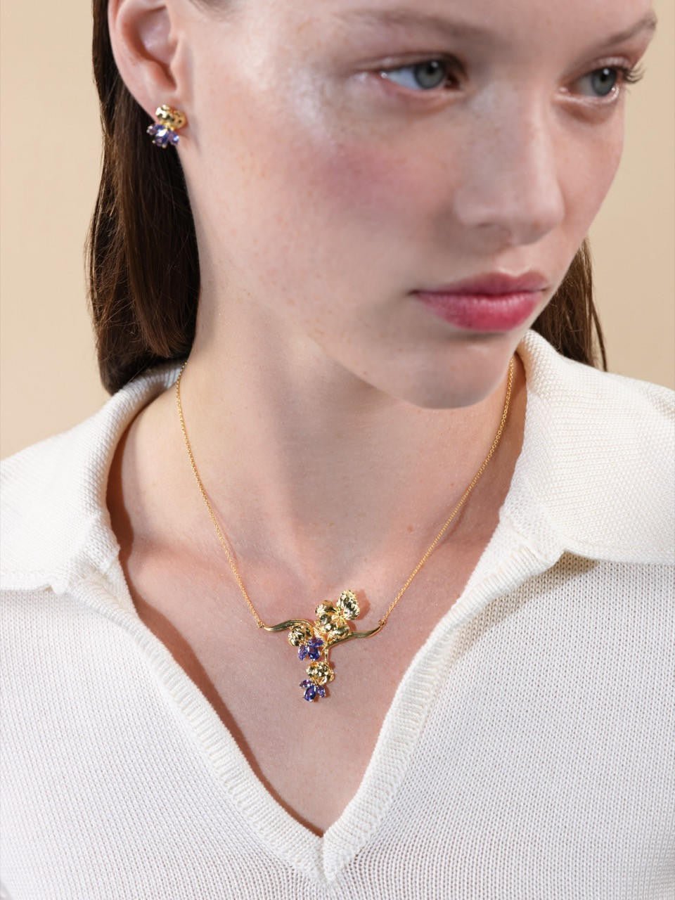 Gold Iris And Blue Crystal Statement Necklace | ARNF3031 - Les Nereides