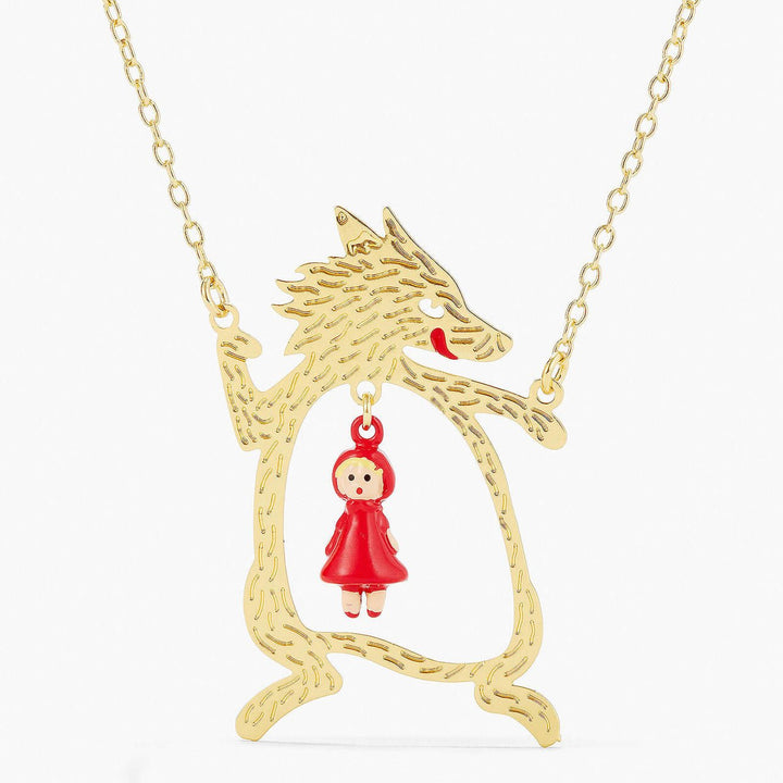 Golden Big Bad Wolf And Little Red Riding Hood Pendant Necklace | APBB3031 - Les Nereides