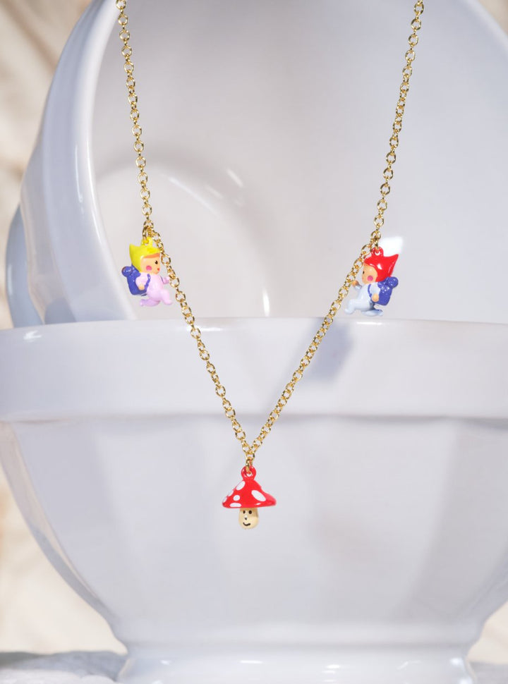 Hiking Young Gnomes And Mushroom Charm Necklace | ASCP3051 - Les Nereides