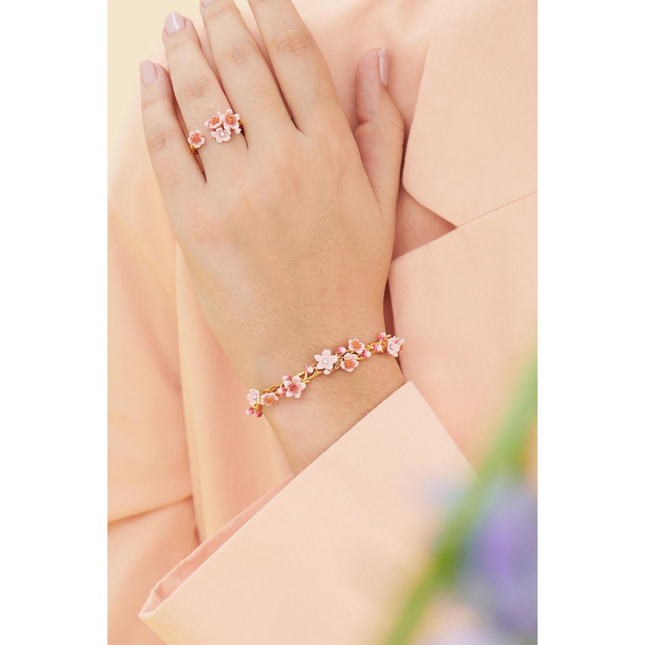 Japanese Cherry Blossom And Golden Branch Bangle Bracelet | ANHA2021 - Les Nereides
