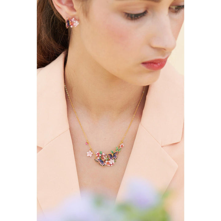 Japanese Emperor Butterfly And Cherry Blossom Double Collar Necklace | ANHA3011 - Les Nereides