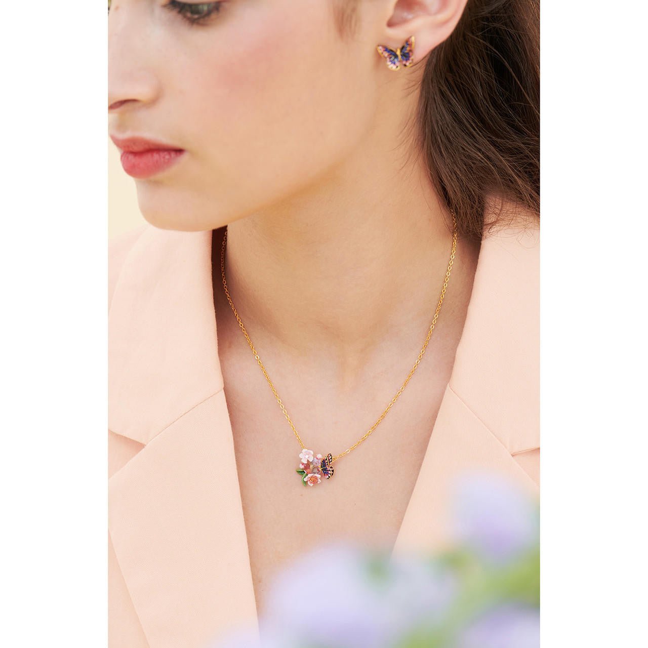 Japanese Emperor Butterfly And Cherry Blossom Necklace Necklace | ANHA3021 - Les Nereides