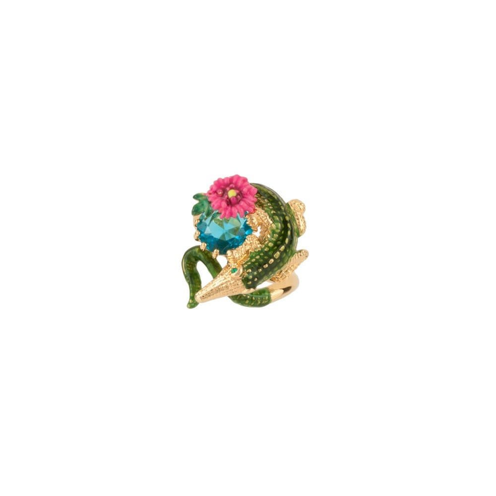 Jungle Tropicale Crocodile, Dark Blue Stone & Pink Flower Rings | ADJT6051 - Les Nereides