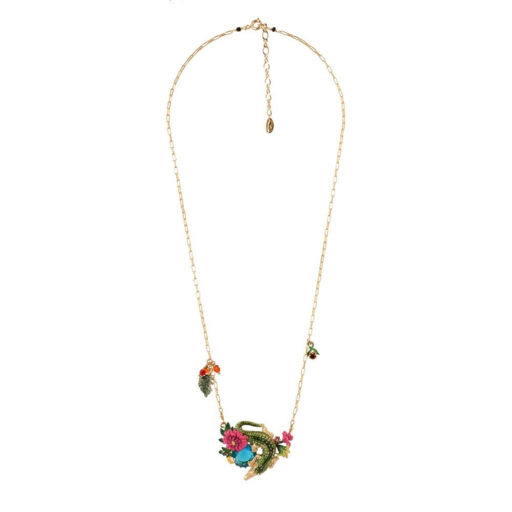 Jungle Tropicale Large Crocodile, Pink Flower & Turquoise Stone Necklace | ADJT3031 - Les Nereides