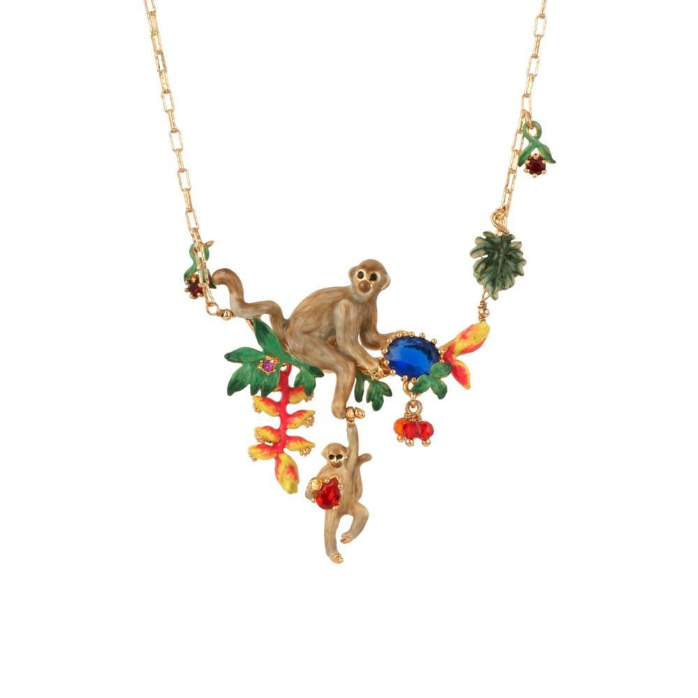 Jungle Tropicale Monkeys, Tropical Flowers & Dark Blue Stone Necklace | ADJT3021 - Les Nereides