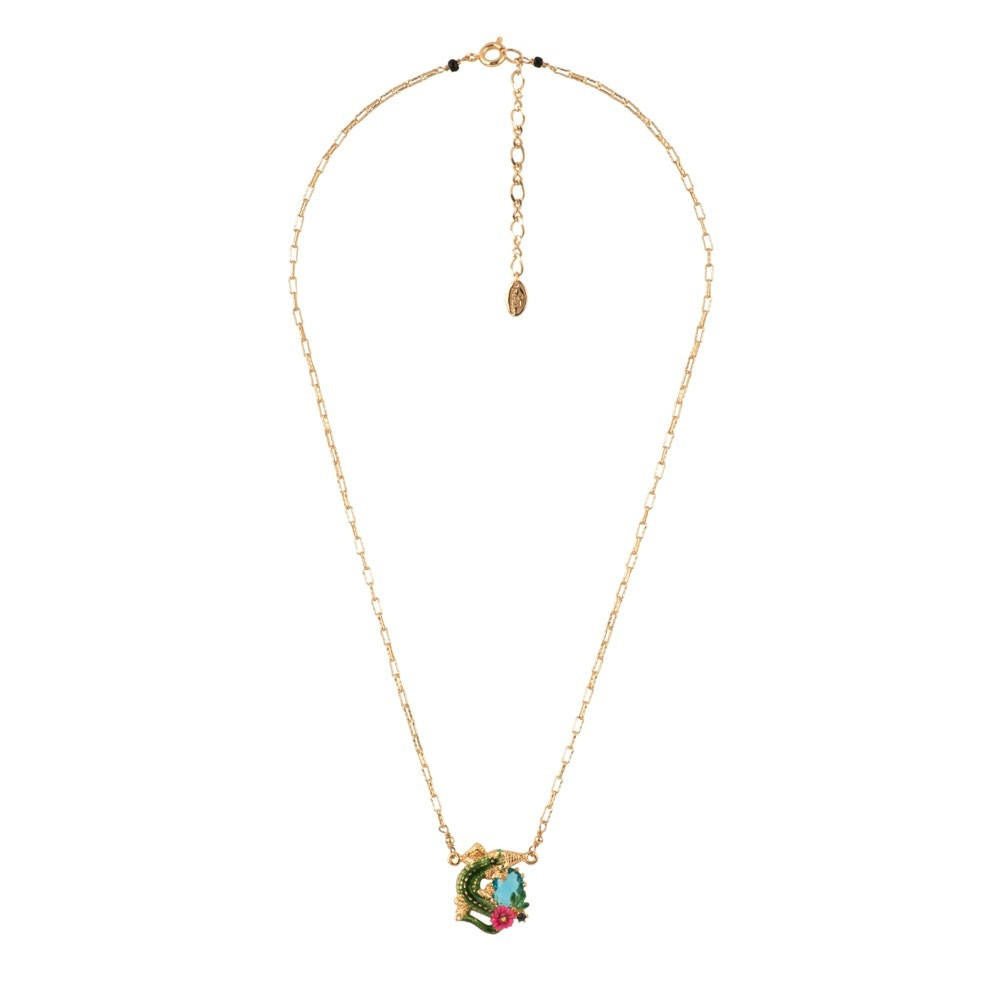 Jungle Tropicale Small Crocodile, Pink Flower & Turquoise Stone Necklace | ADJT3061 - Les Nereides