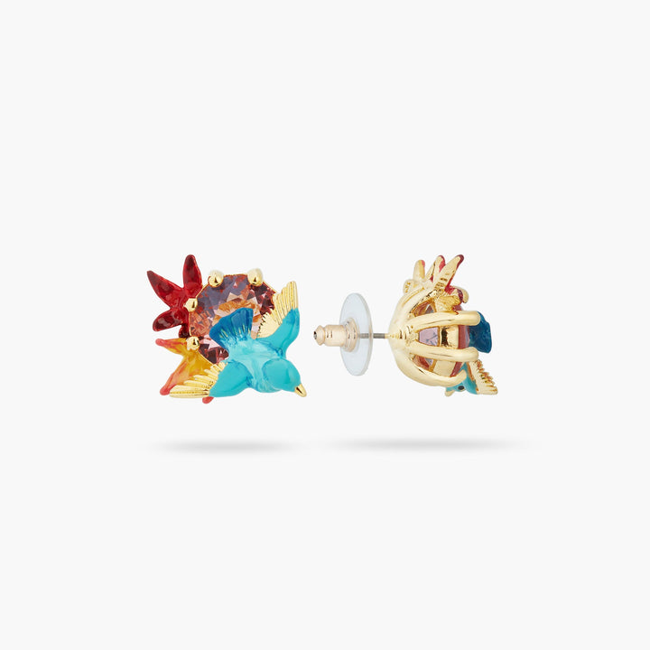 Kingfisher, Maple Leaf And Round Stone Earrings | ASPL1051 - Les Nereides