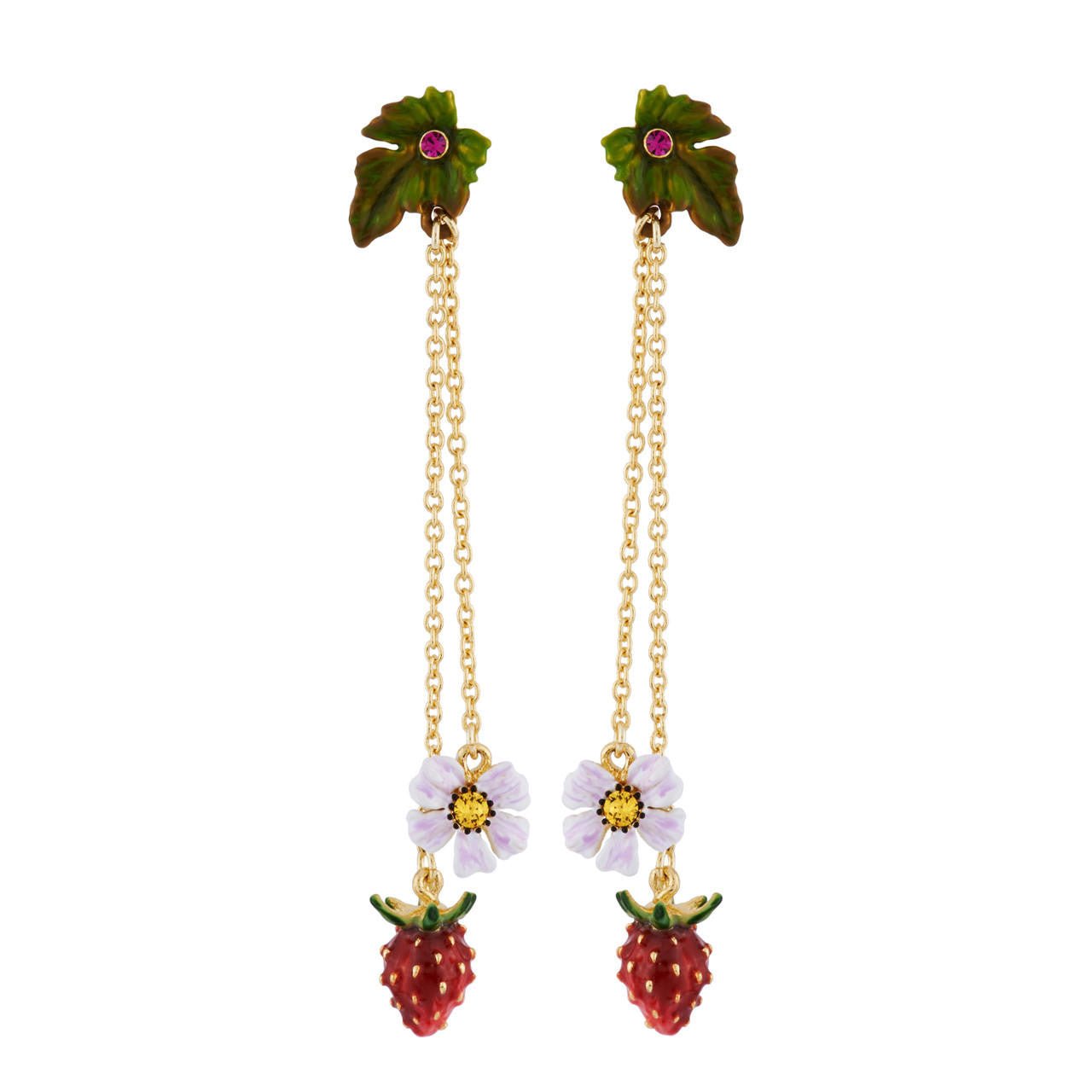 Leaves, Chains And Dropping Strawberry And White Flower Earrings | AHPO1051 - Les Nereides