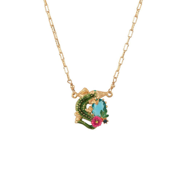 Les Nereides Jungle Tropicale Small Crocodile, Pink Flower & Turquoise Stone Necklace | ADJT3061 