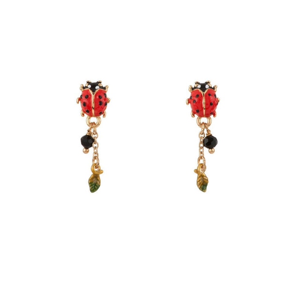 Les Nereides Lady Bird Ladybird, Leaf And Black Bead Earrings | ADLB104T/1 