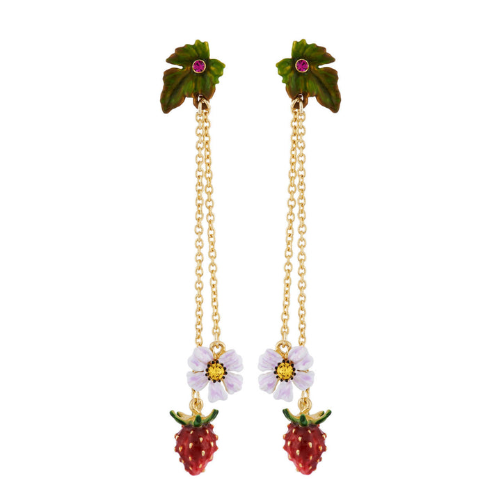 Les Nereides Leaves, Chains And Dropping Strawberry And White Flower Earrings | AHPO1051 