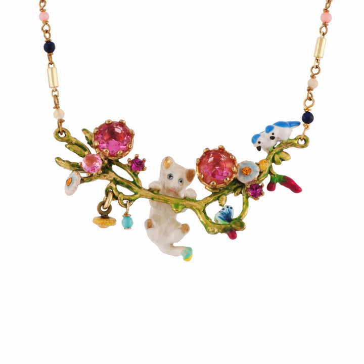 Les Nereides Little Cats White Cat Hung Up To A Branch With Pink Crystal Stone & Birds Necklace | AFLC3041 