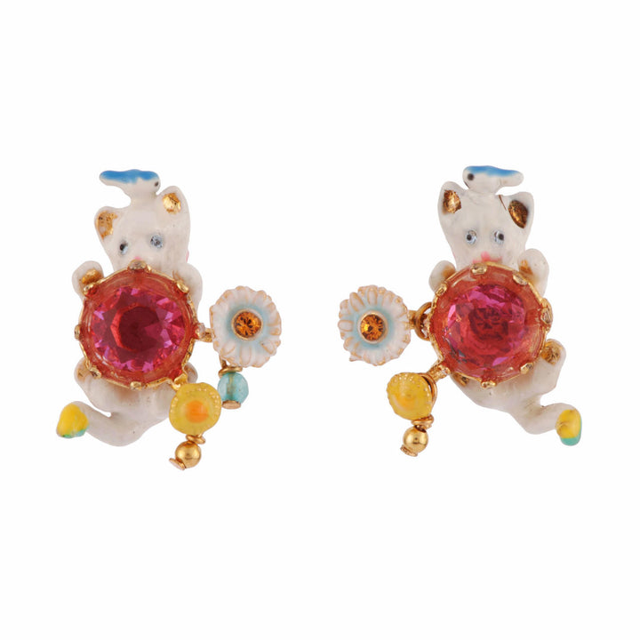 Les Nereides Little Cats White Cat With Pink Crystal Stone & Bird Earrings | AFLC1061 