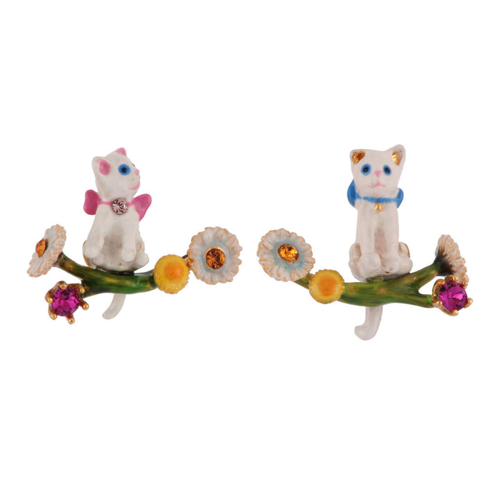 Les Nereides Little Cats White Cats On A Branch With Flowers Earrings | AFLC1051 
