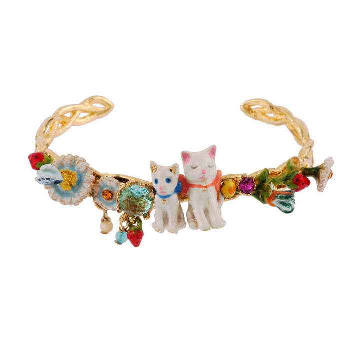 Les Nereides Little Cats White Cats With Blue Crystal Stone, Flowers & Strawberries Small Bracelet | AFLC204/11 