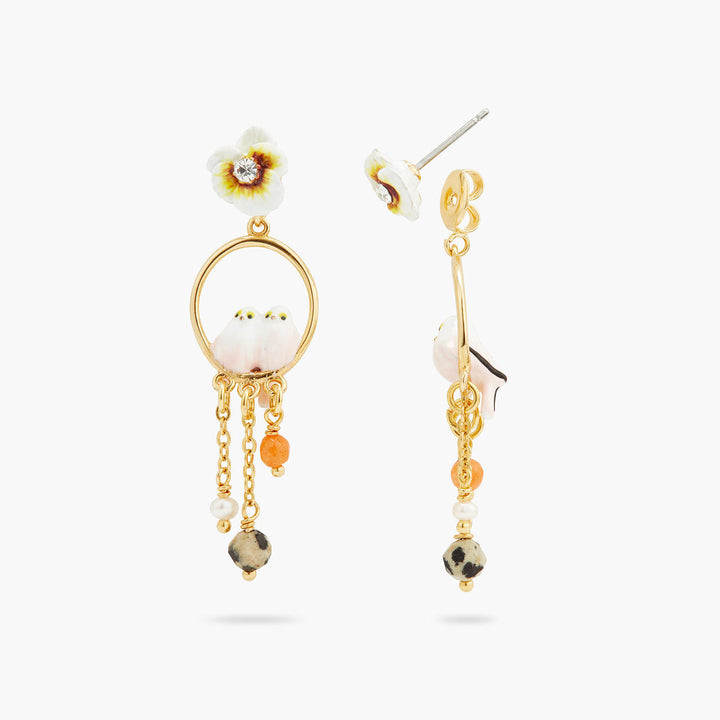 Les Nereides Long-tailed titmouse and pansy asymmetrical hoop earrings | AQLA1031 