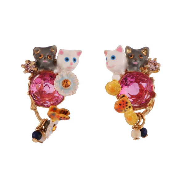 Little Cats White & Black Cats With Pink Crystal Stone & Beads Earrings | AFLC1041 - Les Nereides