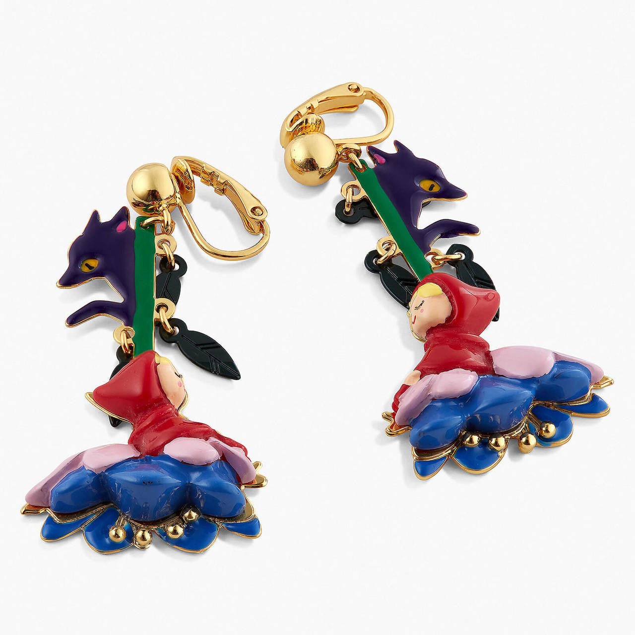 Little Red Riding Hood On A Blue Flower And The Big Bad Wolf Earrings | APBB1041 - Les Nereides
