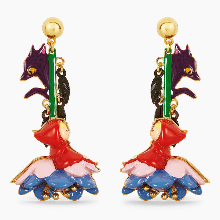 N2 Little Red Riding Hood On A Blue Flower And The Big Bad Wolf Earrings | APBB1041