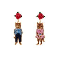  N2X Nathalie Lete Cats Wear Breton Stripe & Pink Dress W/Resin Flower Earrings | ADNL1011 