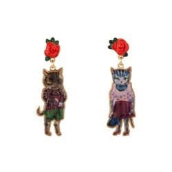 N2X Nathalie Lete Cats Wear Checked Shirt & Polka Dot Top W/Resin Flower Earrings | ADNL1021 - Les Nereides