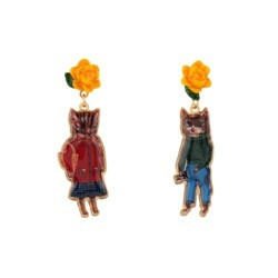 N2X Nathalie Lete Cats Wear Checked Shirt & Red Coat W/Resin Flower Earrings | ADNL1031 - Les Nereides
