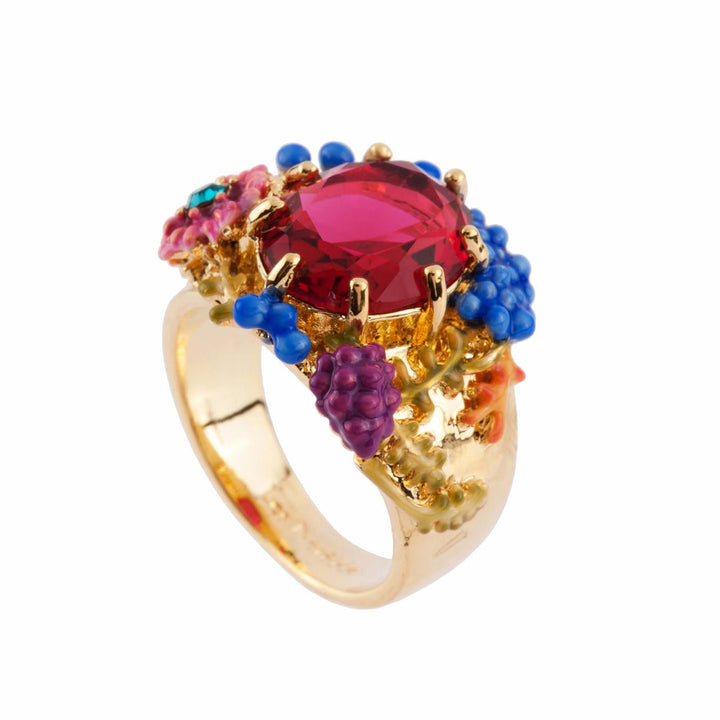 Oval Signet With Flowers & Red Crystal Stone Rings | AFCH602/11 - Les Nereides