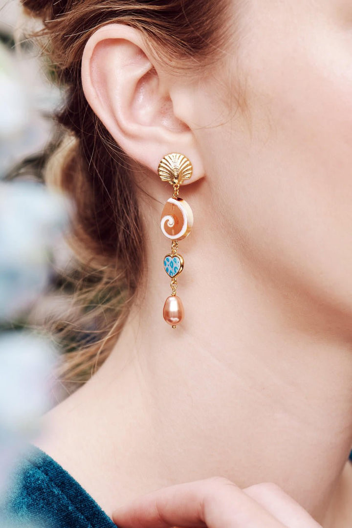 Pearls, Mother Of Pearl And Seashells Pendant Post Earrings | AOGL1091 - Les Nereides