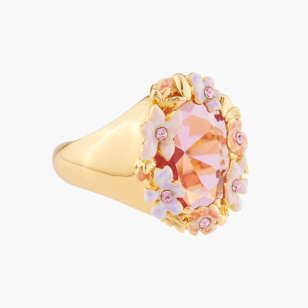 Pink And Pale Violet Flowers On A Faceted Stone Cocktail Rings | Akjv6011 - Les Nereides