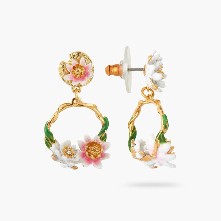 Pink And White Water Lily Asymmetrical Earrings | AQJF1091 - Les Nereides