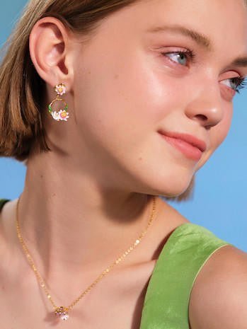 Pink And White Water Lily Asymmetrical Earrings | AQJF1091 - Les Nereides