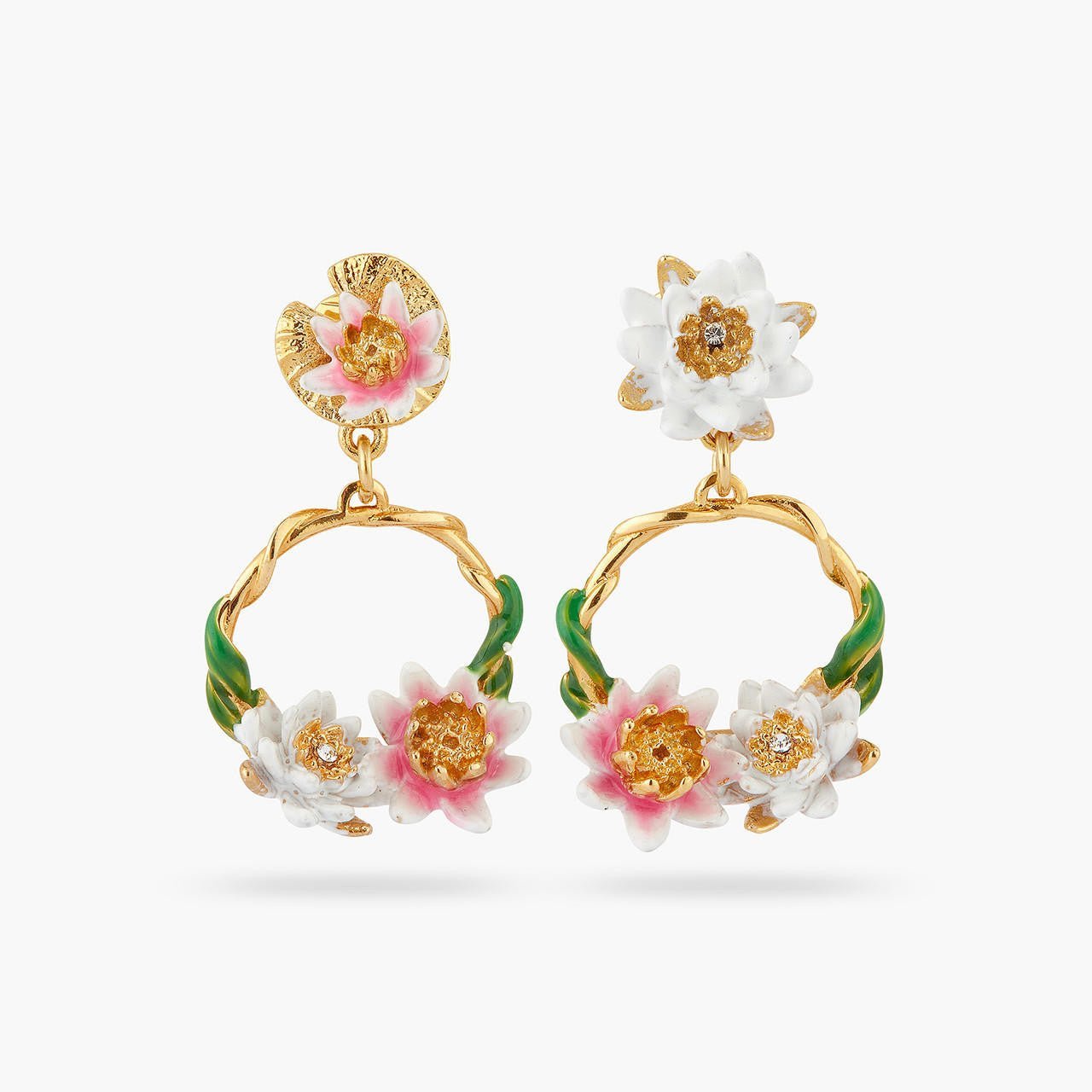 Pink And White Water Lily Asymmetrical Earrings | AQJF1091 - Les Nereides