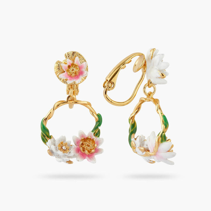 Pink And White Water Lily Asymmetrical Earrings | AQJF1091 - Les Nereides