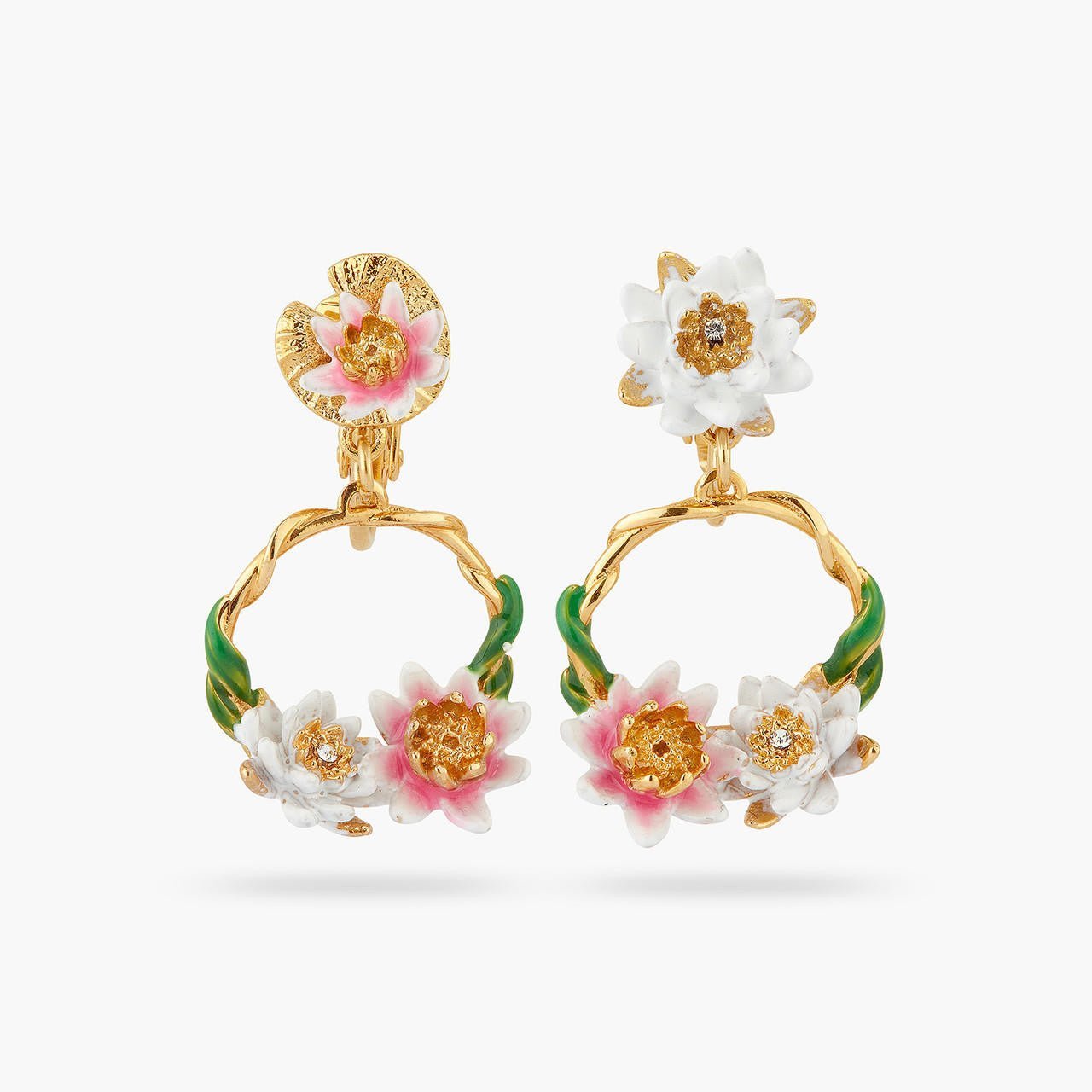Pink And White Water Lily Asymmetrical Earrings | AQJF1091 - Les Nereides