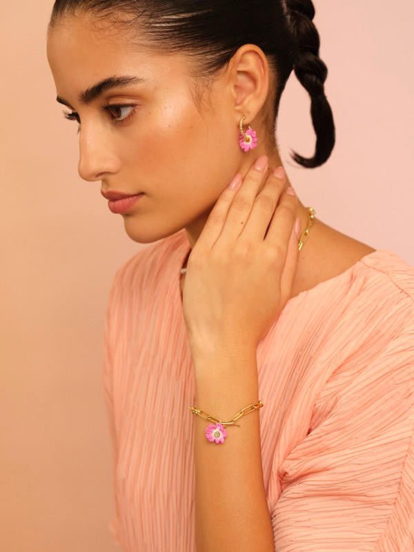Pink Flower And Crystal Thin Bracelet | APCP2071 - Les Nereides