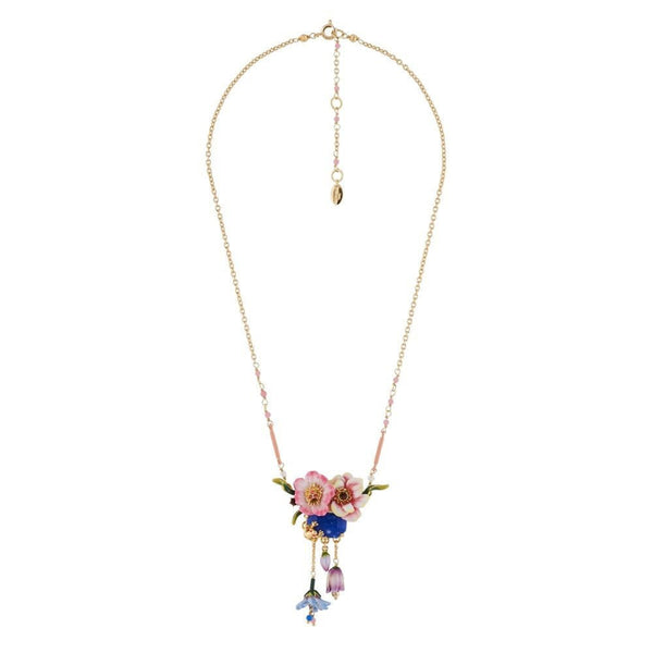 Pink Flower, Frog, Blue Stone With Dangling Flower Buds Necklace | AGHI3051 - Les Nereides