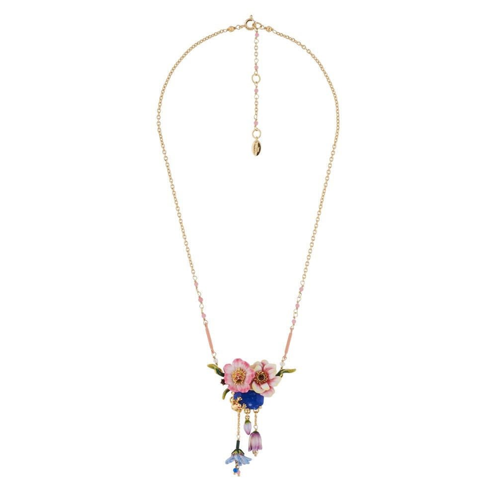 Pink Flower, Frog, Blue Stone With Dangling Flower Buds Necklace | AGHI3051 - Les Nereides
