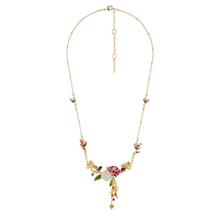 Pink Flower On Faceted Crystal, Butterfly And Berries Necklace | AHPV3041 - Les Nereides