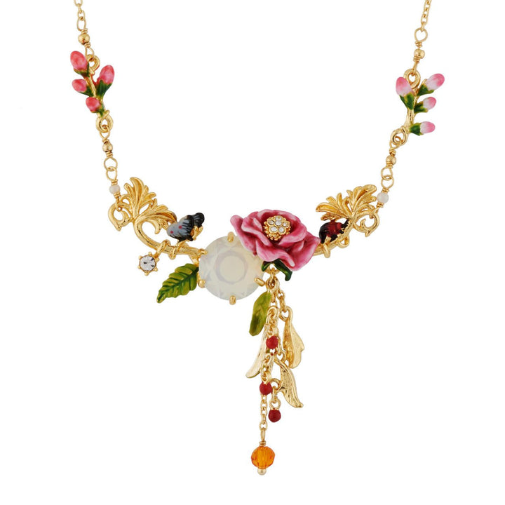 Pink Flower On Faceted Crystal, Butterfly And Berries Necklace | AHPV3041 - Les Nereides
