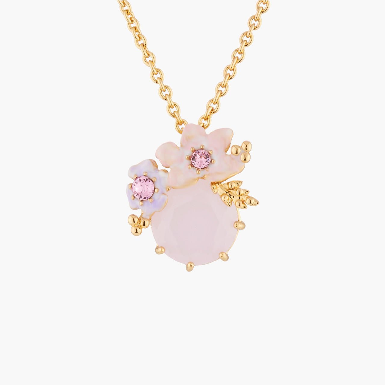 Pink Flowers On Faceted Stone Pendant Necklace | Akjv3041 - Les Nereides