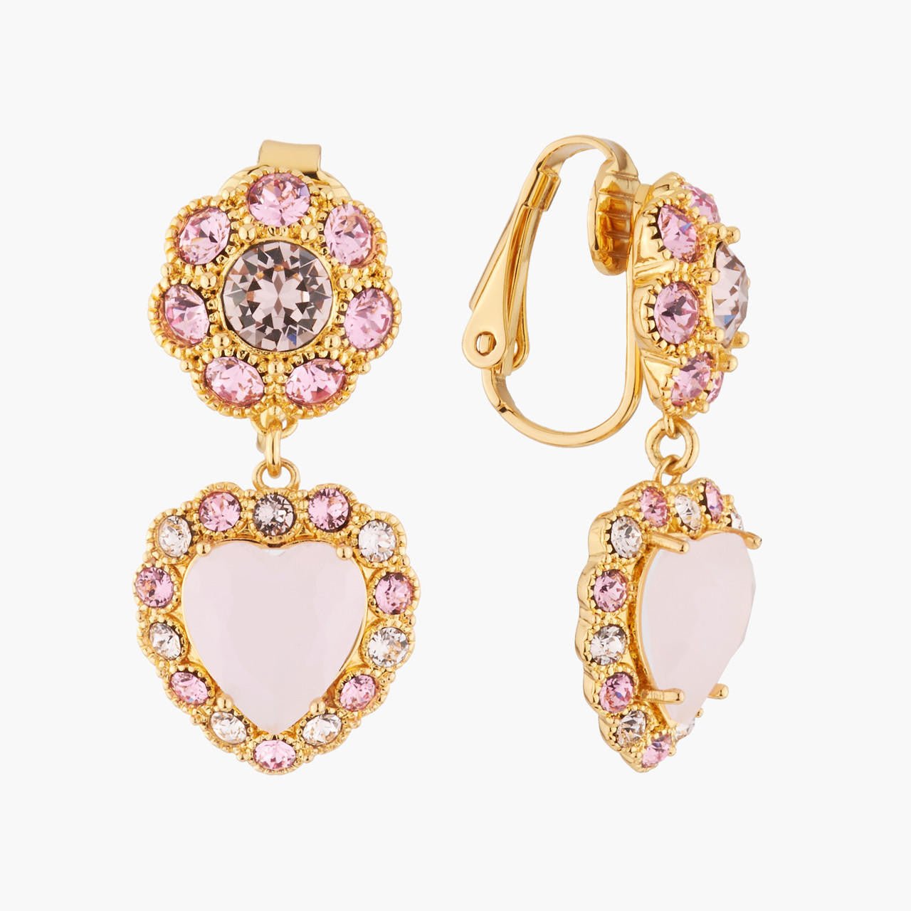 Pink Heart And Crystals Dangling Earrings | AKJV1021 - Les Nereides