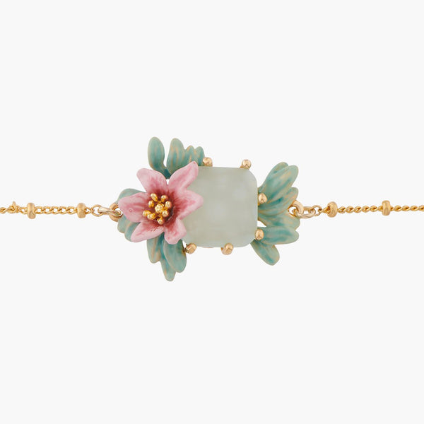 Pink Oleander Flower And Square Stone Chain Bracelet | ALPE2051 - Les Nereides
