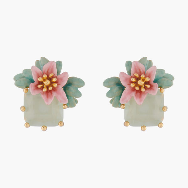 Pink Oleander Flower And Square Stone Earrings | ALPE1091 - Les Nereides