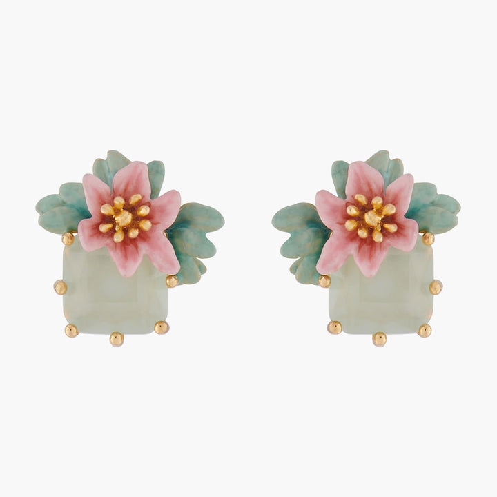 Pink Oleander Flower And Square Stone Earrings | ALPE1091 - Les Nereides
