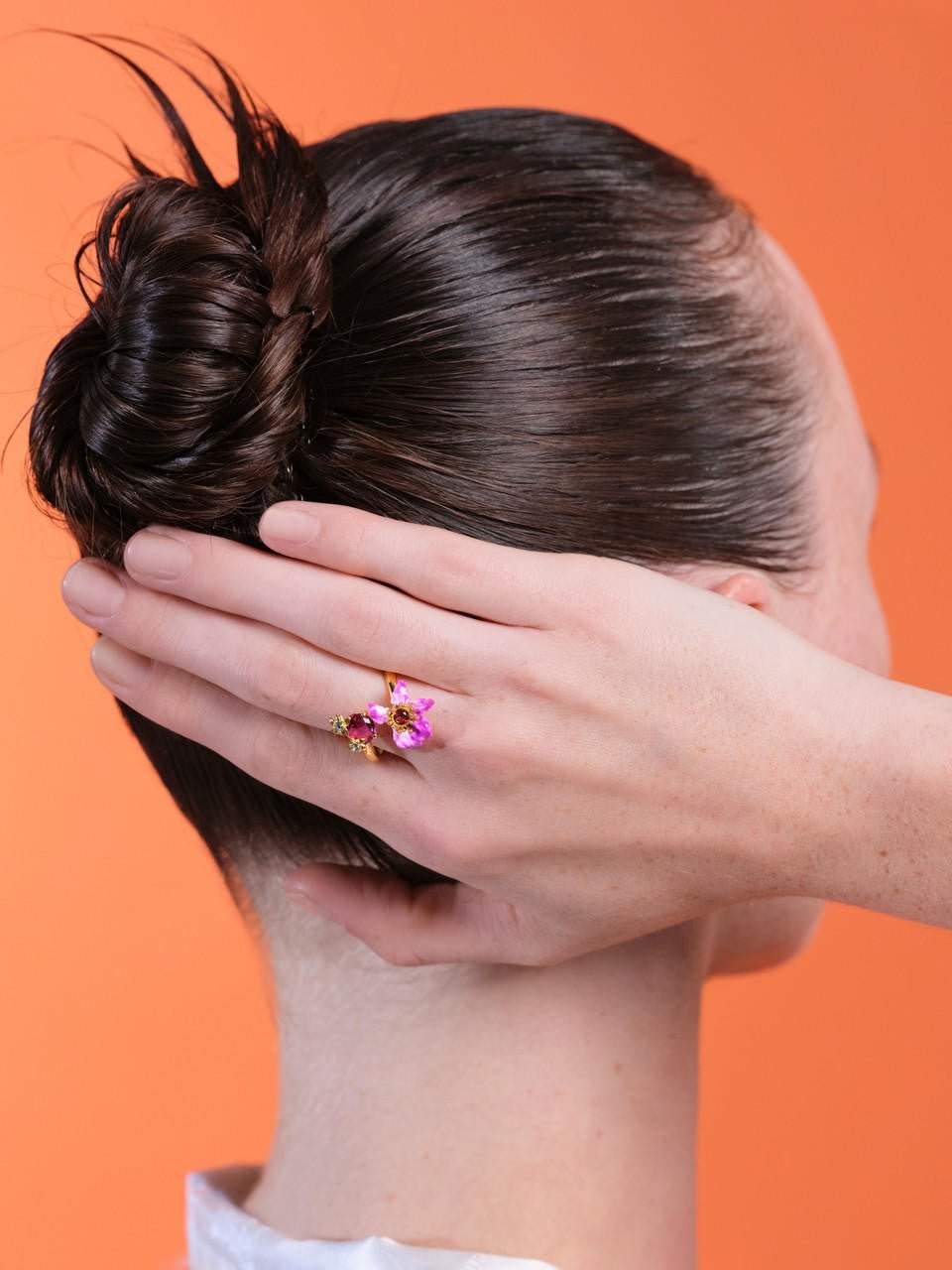 Purple Bauhinia Flower And Faceted Crystal You And Me Adjustable Ring | ARPA6041 - Les Nereides