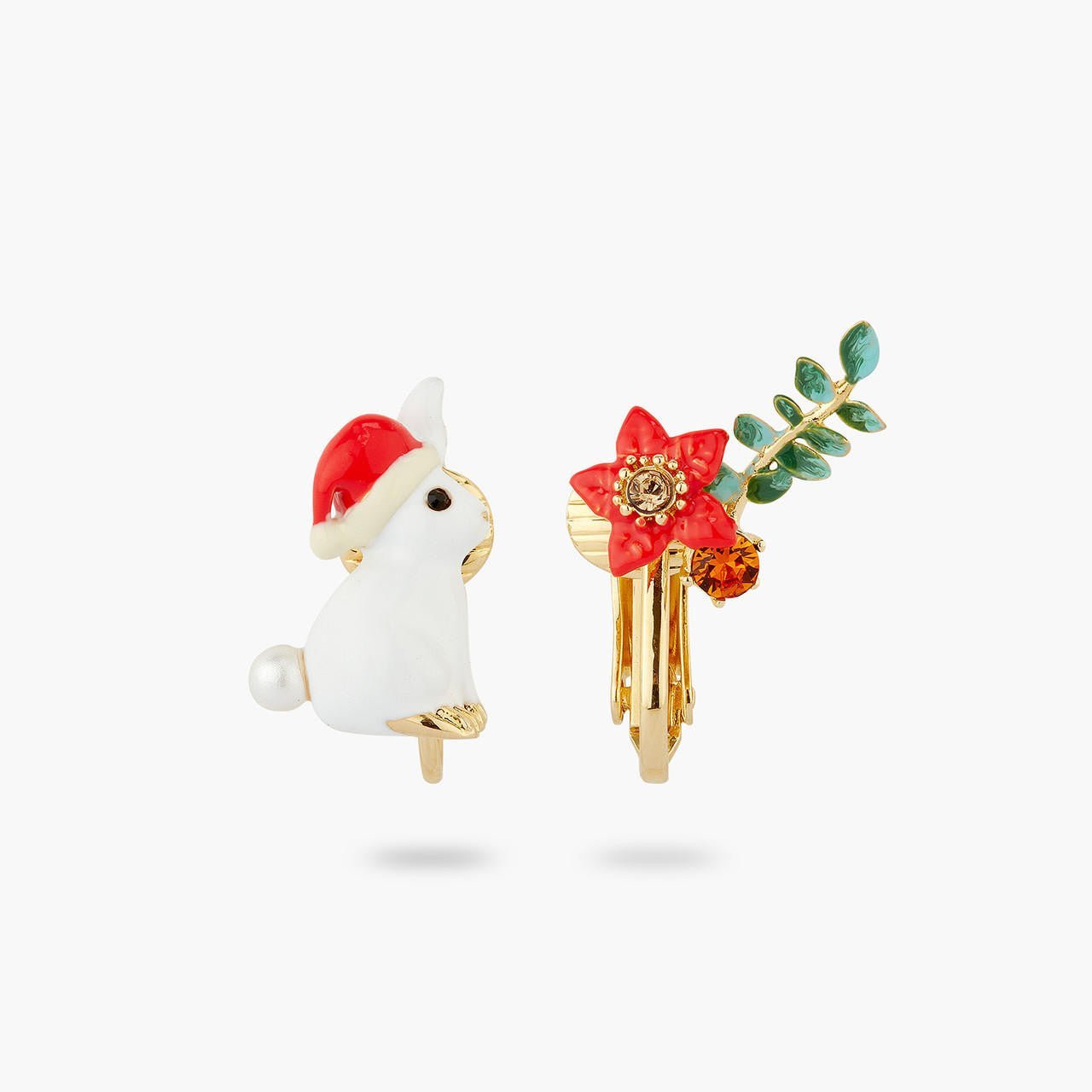 Rabbit and Poinsettia asymmetrical earrings | AQNE1021 - Les Nereides
