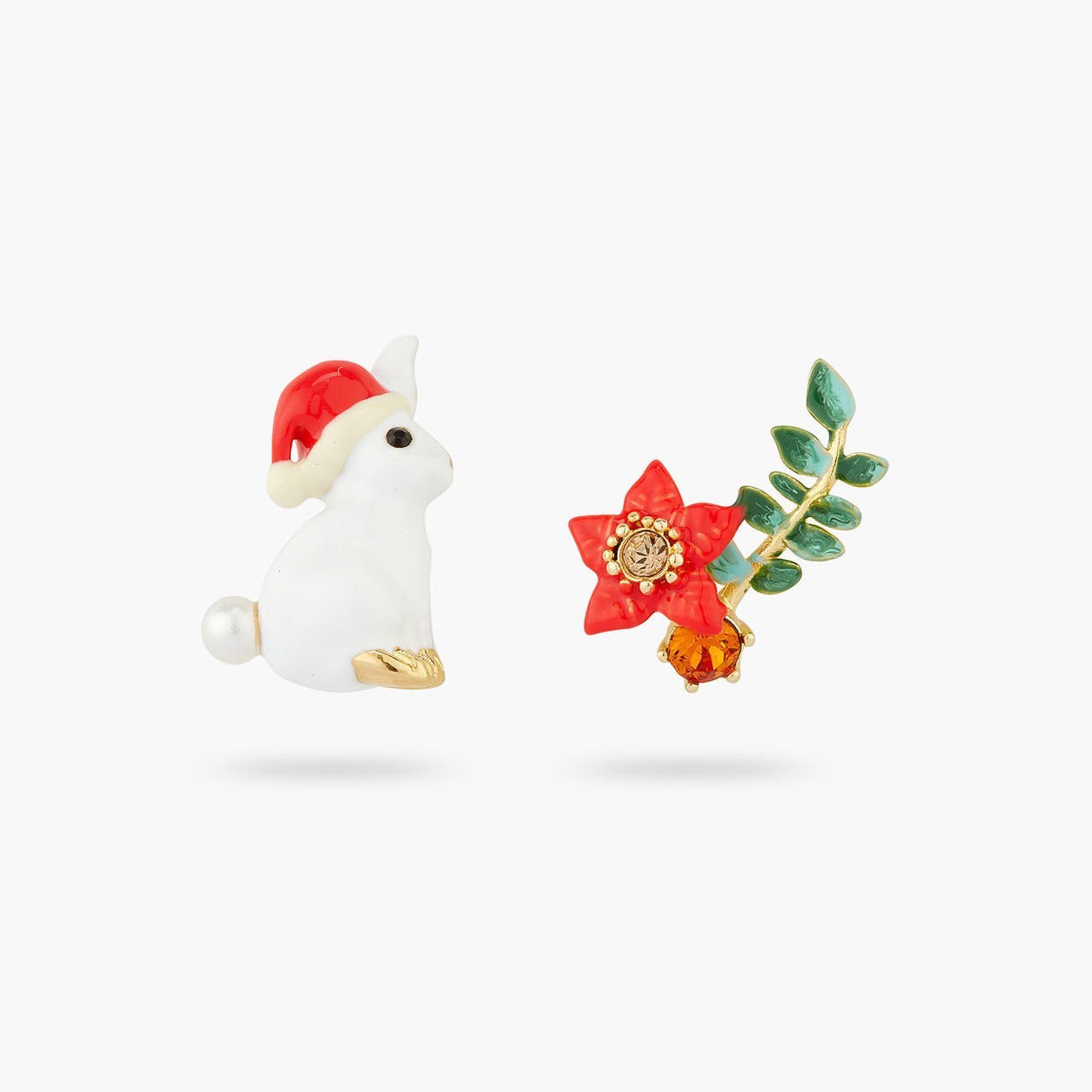 Rabbit and Poinsettia asymmetrical earrings | AQNE1021 - Les Nereides